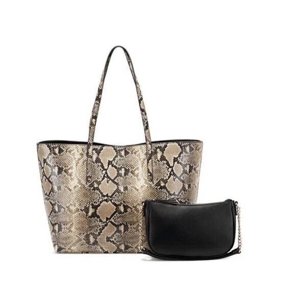 INC Zoiey 2-Piece faux-leather women's XL tote bag + pouch --SNAKE PRINT/BLACK - Picture 1 of 10